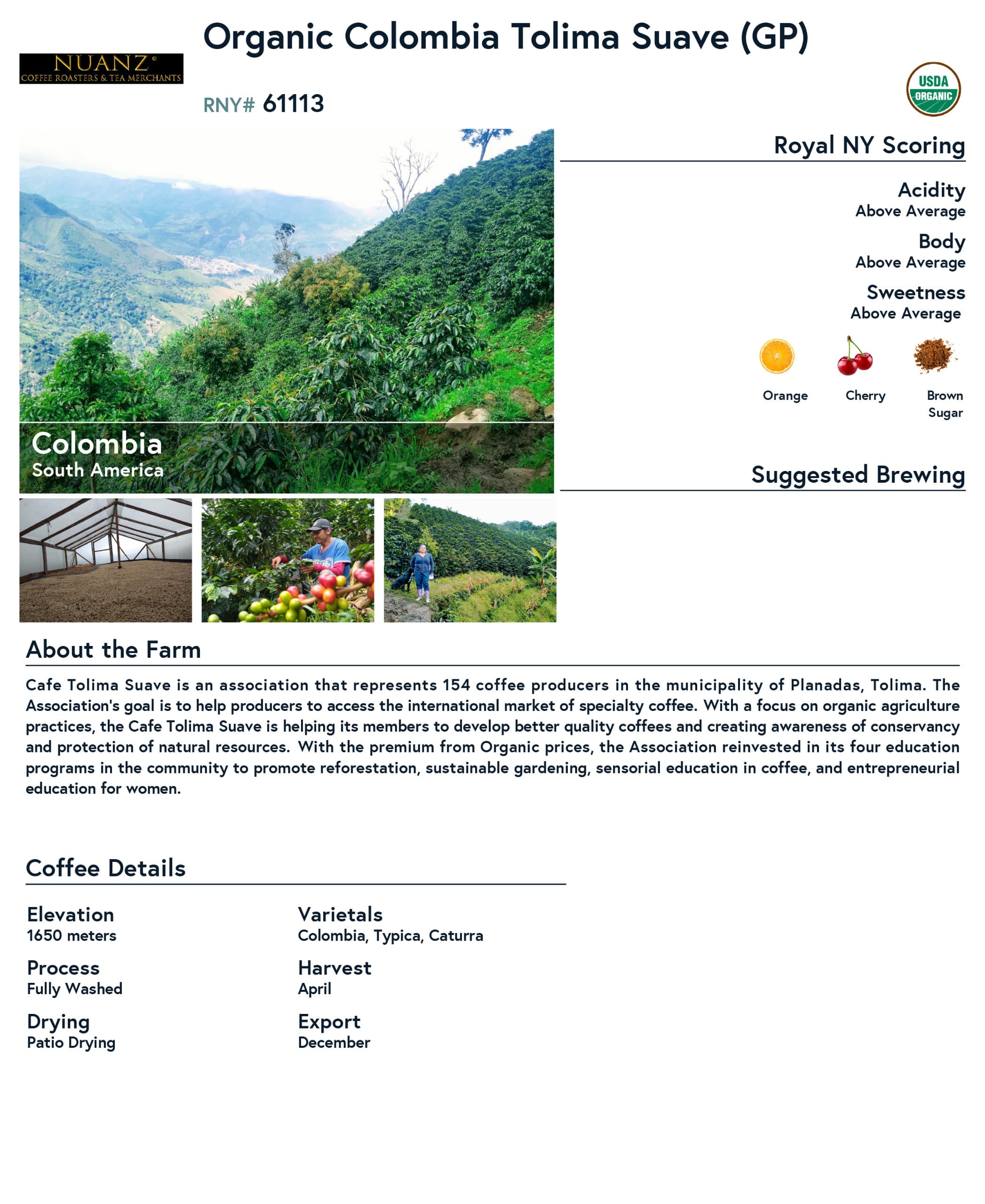 Colombian Tolima Suave product information